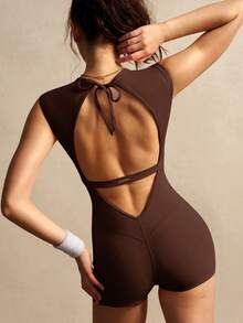VARSIVA Mono deportivo casual de uso diario para mujer, color liso, sin espalda - Marrón - Ver 10