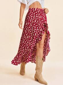 Coeurva Allover Floral Print Ruffle Trim Split Thigh Skirt - Maroon - View 1