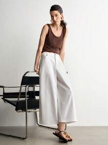 Aalyst Damen Sommer Lässig Exquisit Mode Elegant Französisch Romantisch Minimalistisch Faul Entspannt Vielseitig Weiß Weite Bein Capri Hose mit schrägen Taschen und Metall Schnallen Handwerkskunst, fließend schlankmachend lockerer Schnitt lange Hose - Weiss - Übersicht 7