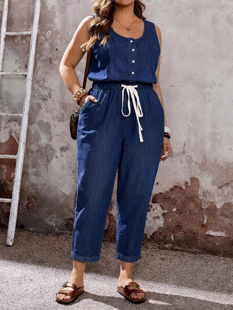 EMERY ROSE EMERY ROSE Plus Size Women Drawstring Waist Button Front Casual Sleeveless Denim Jumpsuit - Dark Wash - View 3