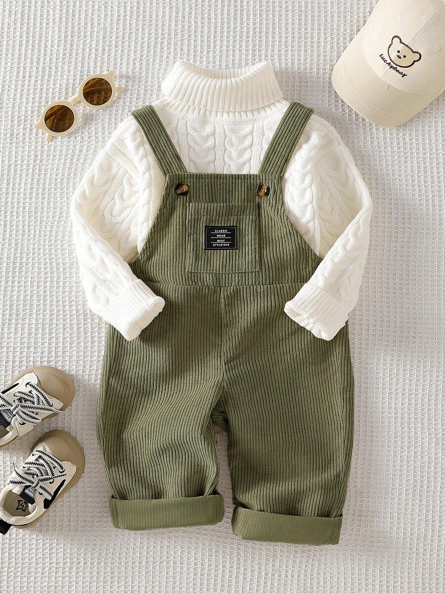 SHEIN Playful Pals 男嬰 0-3 歲 春/秋 卡其色字母刺繡燈芯絨連身褲,適合外出、購物、居家休閒、生日派對 - 綠色 - 查看 1