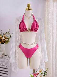 SHEIN Swim 女款兩件式比基尼泳衣套裝，適合海灘與海邊約會，時尚性感優雅浪漫復古風，粗肩帶編繩抓皺設計，咖啡棕大地色系，女款海灘兩件式泳裝 - 玫紅色 - 查看 5