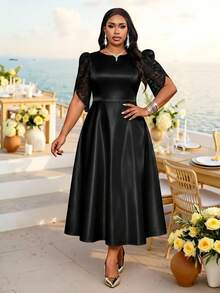 SHEIN Lady 大尺碼優雅派對蕾絲拼接洋裝 - 黑色 - 查看 4
