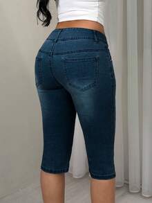 TRNVIE Fashion Casual Wide Waistband 7/10 Length Denim Flare Pants - Dark Wash - View 2