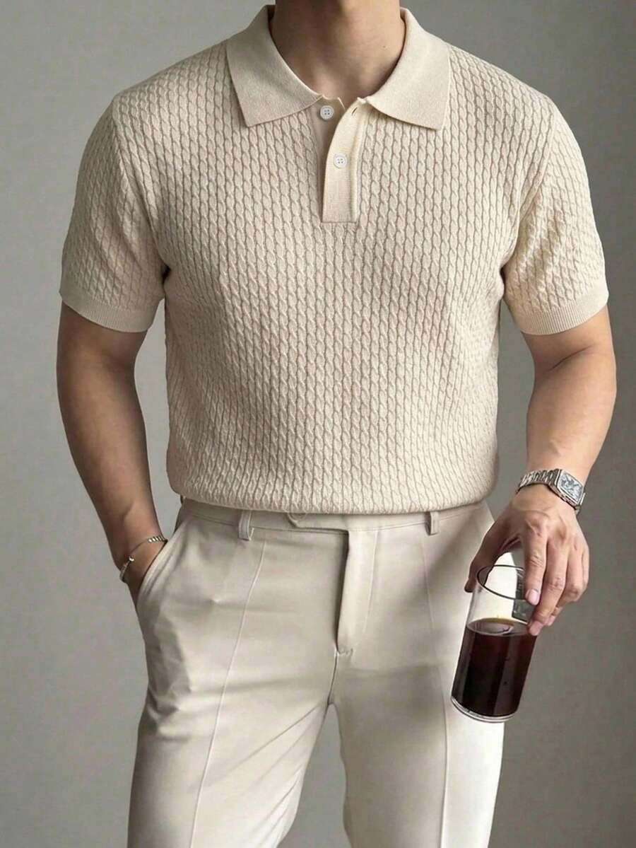 DAZY Top de punto de media botonadura color albaricoque sólido para hombre, verano - Albaricoque - Ver 1