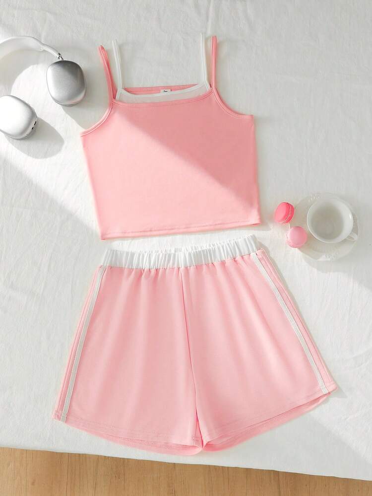 SHEIN Teen Girls Spring/Summer Casual All-Match Versatile Sporty Streetwear Colorblock 2 In 1 Patchwork Red Cropped Fitted Top + Loose Shorts Tank Top Set - Pink - View 1