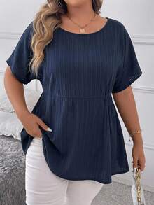 SHEIN CURVE+ Plus Size Women's Vacation Casual Striped Ruffle Hem Shirt - Blue - View 2