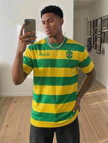 Manfinity Gritte Field Men's Minimalist Brazil Flag Color-Blocking T-Shirt, Suitable For Summer, Outdoor, World Cup Watching, Husband/Boyfriend Gift - Yellow - View 1