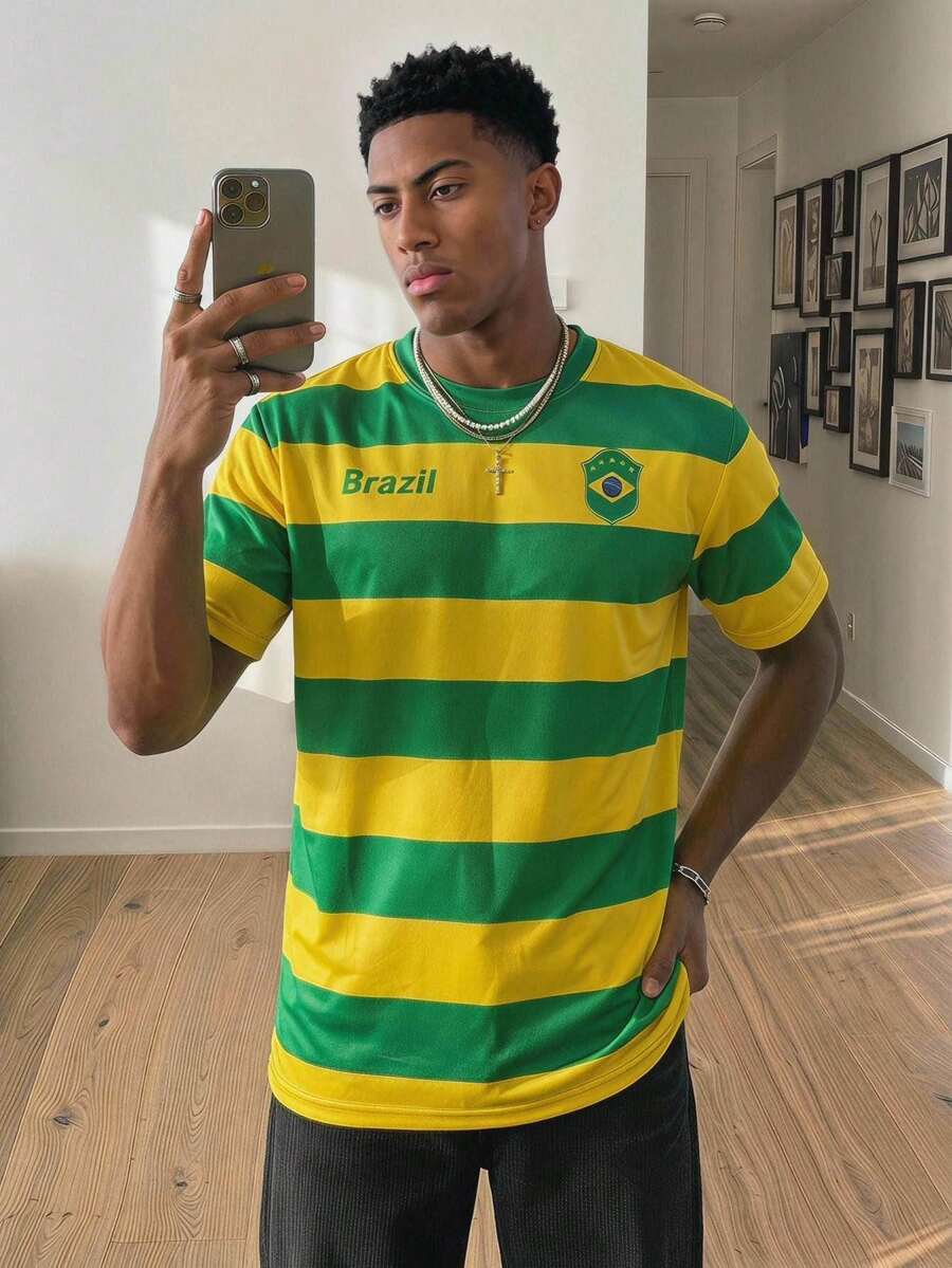 Manfinity Gritte Field Men's Minimalist Brazil Flag Color-Blocking T-Shirt, Suitable For Summer, Outdoor, World Cup Watching, Husband/Boyfriend Gift - Yellow - View 1