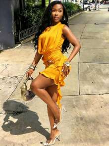 Glyssa Women's Summer Elegant Halter Neck Design Ribbon Ruffle Metal Buckle Fitted Sexy Golden Yellow Short Dress Outfit Night Out Costume Party - Yellow - View 7