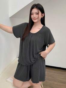 Dazy Plus 夏季寬鬆休閒睡褲短褲套裝，抽褶設計與波浪下擺 - 深灰色 - 查看 4