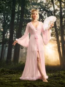 PinupPomp Women Robes Berikat Kontras Mesh Ruffle Hem Sheer Plain - Baby Pink - View 7