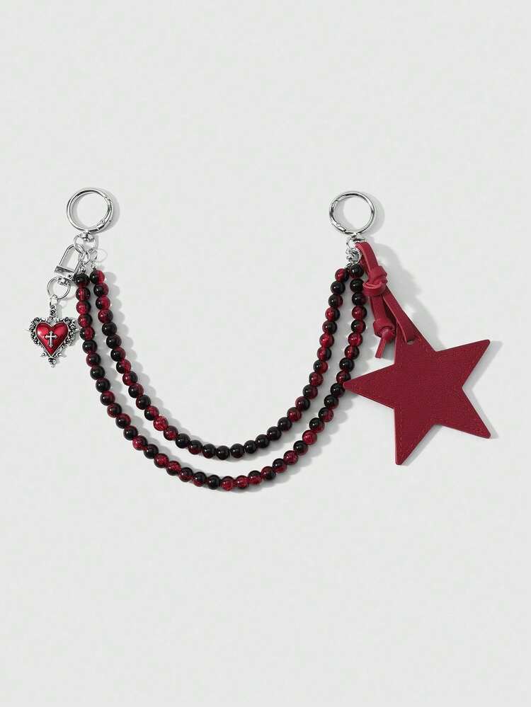 ROMWE Goth 1 Sweet Cool Dark Wind Black Red Leather Star Handmade Beaded Crystal Bead Bow Double Layer Hollow Chain Love Rose Cross DIY Keychain Bag Pendant - Black and red -10 - View 18