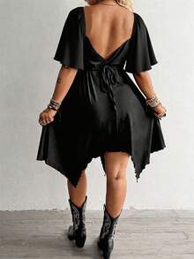 SHEIN Whyspr Plus Size Dark Style Criss-Cross Chest Strap Cinched Waist A-Line Ruffle Sleeve Dress - Black - View 2