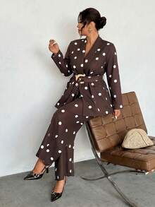 Firerie Plus Size Fashion Commuter Polka Dot Print Jacket & Pants Suit Set Fall/Winter Elegant Office Business Work Suit Sets Women Elegant Polka Dot Suit Set - Coffee Brown - View 2
