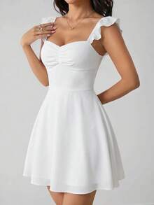 SHEIN PETITE White Chiffon Backless Tied Mini Dress, Lightweight Tight Fit Solid White Dress For Women, Spring/Summer ,Petite Women - White - View 4