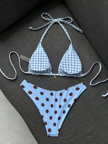 Swim Mod Women's Summer Beach Polka Dot Halter Tie Sexy Bikini And Triangle Bottom Two-Piece Swimsuit Set - Blue - View 2