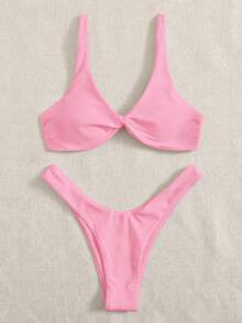 Swim Basics 女款純色打結背心上衣與三角比基尼泳褲兩件式泳衣套裝 - 粉色 - 查看 1