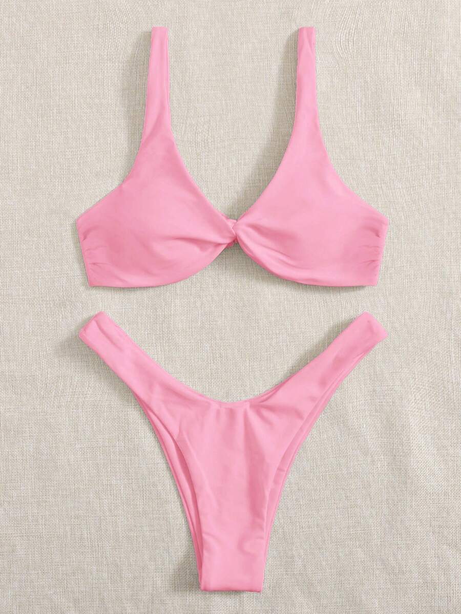 Swim Basics 女款純色打結背心上衣與三角比基尼泳褲兩件式泳衣套裝 - 粉色 - 查看 1