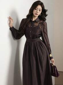 Heiryn Women's Contrast Lace Long Sleeve Button Design Elegant Long Dress Party Dinner Office Dark Brown Autumn Teachers' Day - Brown - View 3
