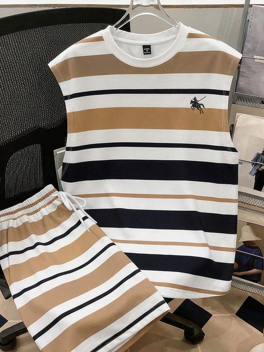 Manfinity Joysei Men's Regular Fit Striped Tank Top And Shorts Set - Coffee Brown - View 1