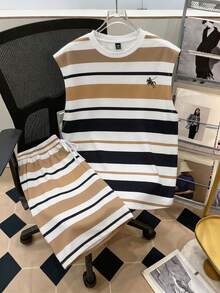 Manfinity Joysei Men's Regular Fit Striped Tank Top And Shorts Set - Coffee Brown - View 5