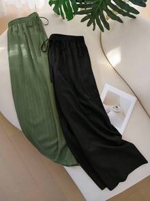 SHEIN Tall CURVE 两件套加大码纯色扭结口袋休闲宽松裤套装 - 彩色 - 查看 4
