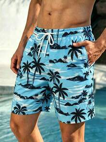 Naviga Onda Summer Plus Size Men's Palm Tree Print Pocket Beach Shorts Holiday / Vacation / Beach / Hawaii / Tropical / Swim /  Bathing - Baby Blue - View 4
