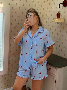CottageSlumber Pink Heart Print Ruffle Collar Button-Front Short Sleeve Shorts Plus Size Pajama Set - Blue - View 4