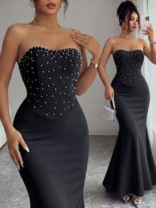 Elenzga 1 Urban Fashion Elegant Vacation New Style Women's Summer Outfit Light Blue Pearl Rhinestone Strapless Mermaid Long Dress Suitable For Daily Wear, Wedding, Evening Party, Daily Commute, Graduation Party, Holiday Events, Vacation, Date, Easter, Party, Halloween, Christmas, New Year, Thanksgiving, Wedding - Black - View 1