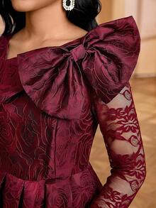 Fleurora Women's Floral Jacquard Bow Decor Contrast Lace Long Sleeve Elegant Mid-Length Dress - Burgundy - View 8