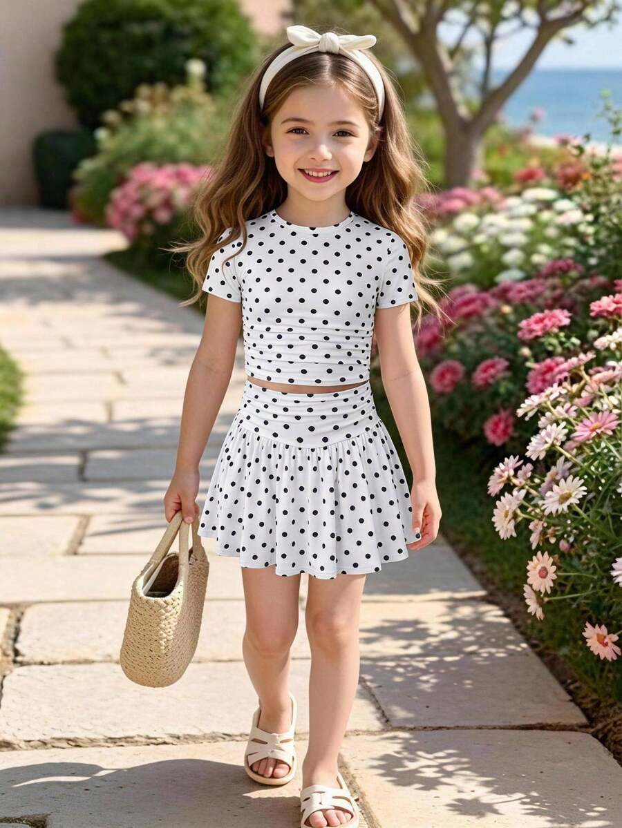 SHEIN Elladie kids 2件/組 女童圓點荷葉邊短袖T恤與休閒時尚裙組，夏季