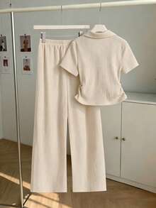 Tween Girl Short Sleeve Pleated Collar T-Shirt Solid Color Long Pants Set - Multicolor - View 2