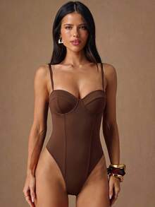 SHEIN BAE 女款純色修身百搭日常細肩帶背心 - 棕色 - 查看 5