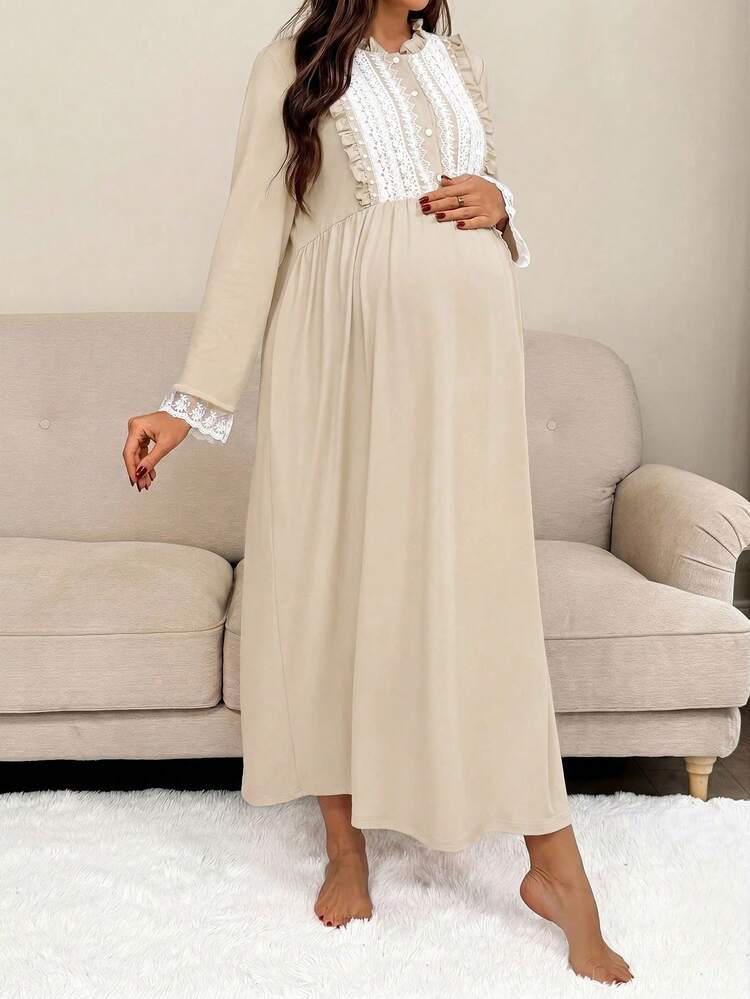 Slowluna Maternity Colorblock Lace Patchwork Dress Fall - Khaki - View 4