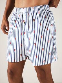 SUMWON Bunny Logo Striped Woven Boxer Shorts For Men With Elastic Waist And Button Fly - Blue and White - View 4
