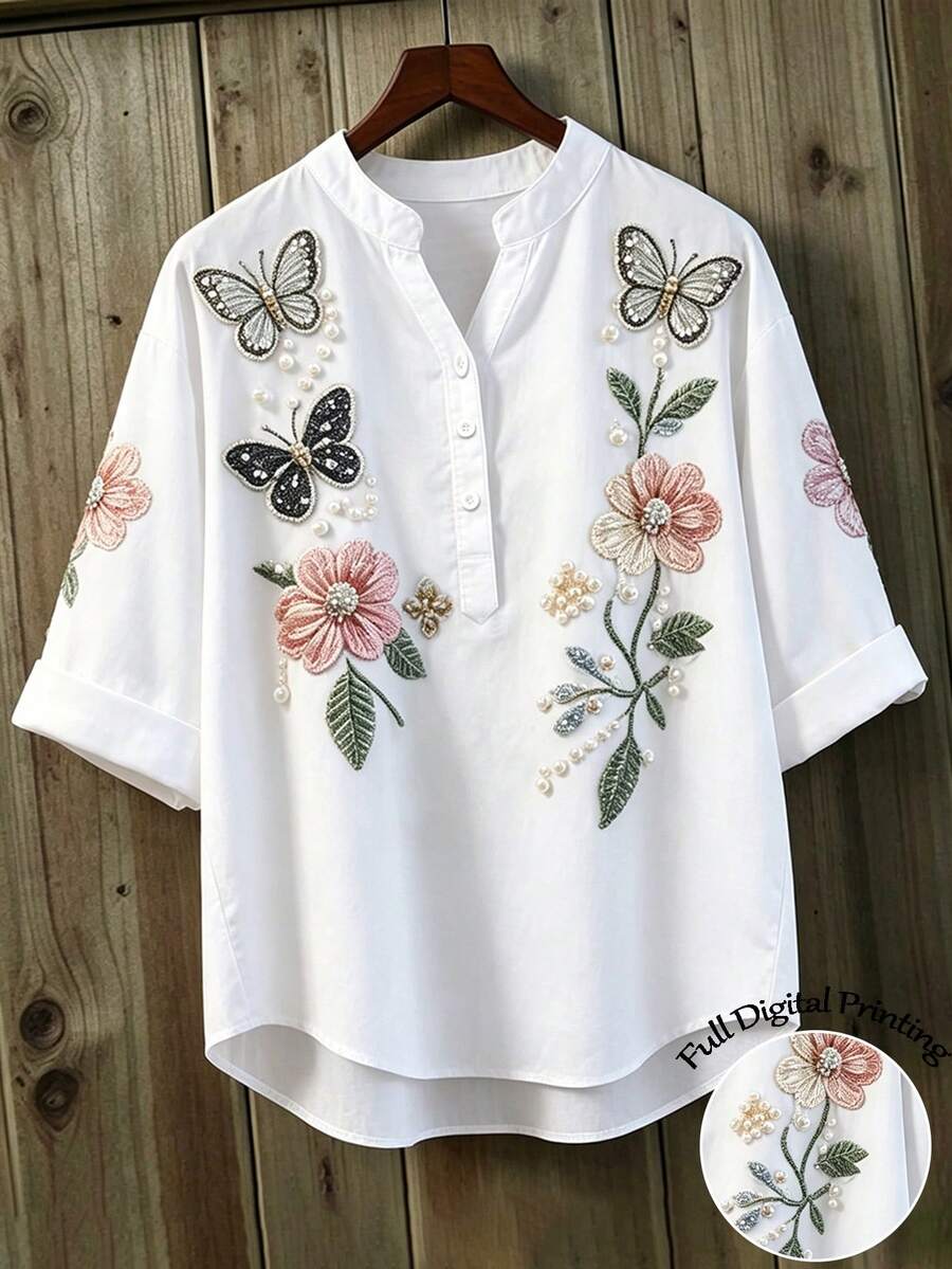 SHEIN LUNE 刺繡立領白色條紋襯衫,女款寬鬆休閒 3/4 袖紋理上衣 - 白色 - 查看 1