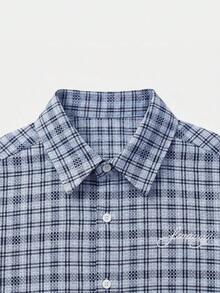 SWAVVY Men's Plaid & Letter Print Single-Breasted Casual Versatile Daily Wear Shirt - Blue - View 3
