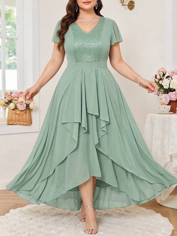 Reflora Plus Size Women Sequin Detail Asymmetrical Hem Fashion Dress