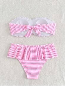Swim Mod Set Bikini 2 Potong Wanita, Atasan Bandeau dengan Motif Polkadot di Seluruh Permukaan, Rok Ruffle Pinggang Rendah, Pakaian Renang Liburan Kasual - MultiWarna - View 4