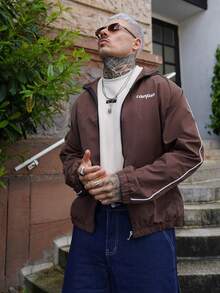 Artur Kramer 男士休闲时尚街头学院风运动字母印花撞色滚边立领拉链长袖夹克，秋季户外防风外套 - 咖啡棕 - 查看 4