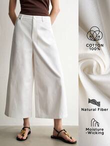 Aalyst Damen Sommer Lässig Exquisit Mode Elegant Französisch Romantisch Minimalistisch Faul Entspannt Vielseitig Weiß Weite Bein Capri Hose mit schrägen Taschen und Metall Schnallen Handwerkskunst, fließend schlankmachend lockerer Schnitt lange Hose - Weiss - Übersicht 2