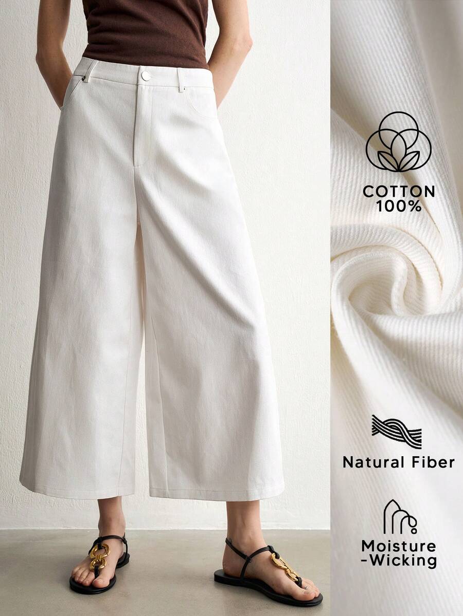 Aalyst Damen Sommer Lässig Exquisit Mode Elegant Französisch Romantisch Minimalistisch Faul Entspannt Vielseitig Weiß Weite Bein Capri Hose mit schrägen Taschen und Metall Schnallen Handwerkskunst, fließend schlankmachend lockerer Schnitt lange Hose