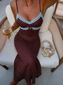 Aloruh Women's Spring/Summer French Elegant Boho Mesh Polka Dot Print Dress With Lace Trim Bow Tie, Vacation, Dating Beach Blue - Multicolor - View 3