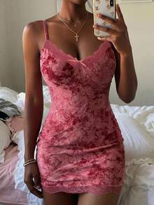 Livesso Women's Sweet Floral Lace Patchwork 3D Bow Decor Camisole Sexy Dress Summer Pajamas - Pink - View 7