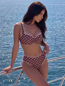 Swim Vcay 女款夏季海灘純色貝殼飾邊粗肩帶前胸抓皺露背比基尼上衣與泳褲休閒度假泳衣套裝 - 彩色 - 查看 4