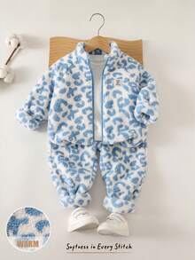 Cozy Pixies Young Girl Leopard Print Thermal Lined Thick Crew Neck Long Sleeve Jacket And Elastic Waist Cuffed Pants 2-Piece Set - Blue and White - View 6