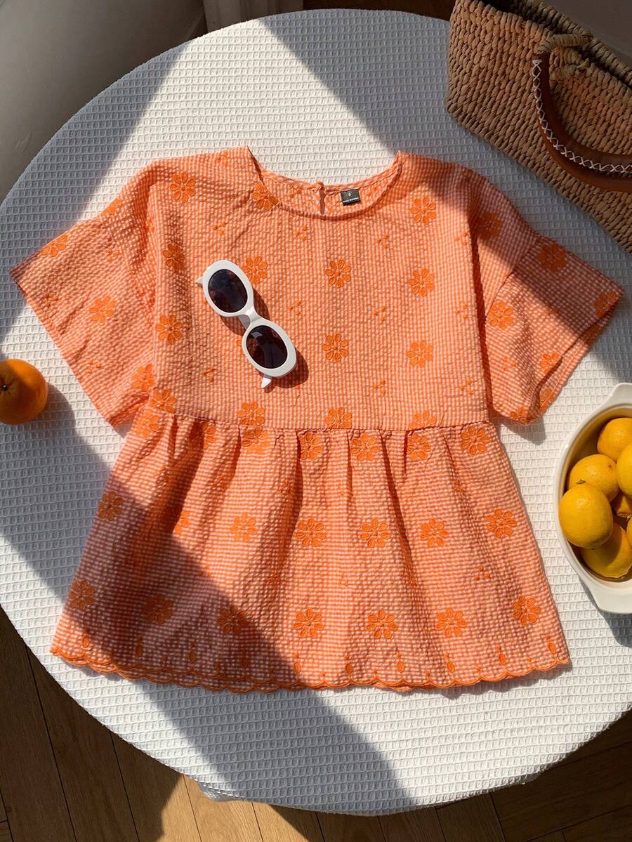 Comfortcana 橘色格紋花卉刺繡休閒女款襯衫