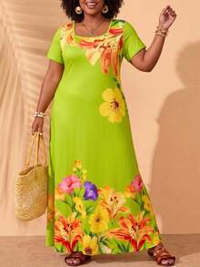 Zaforene Plus Size Floral Print Square Neck Short Sleeve Summer Dress - Multicolor - View 1