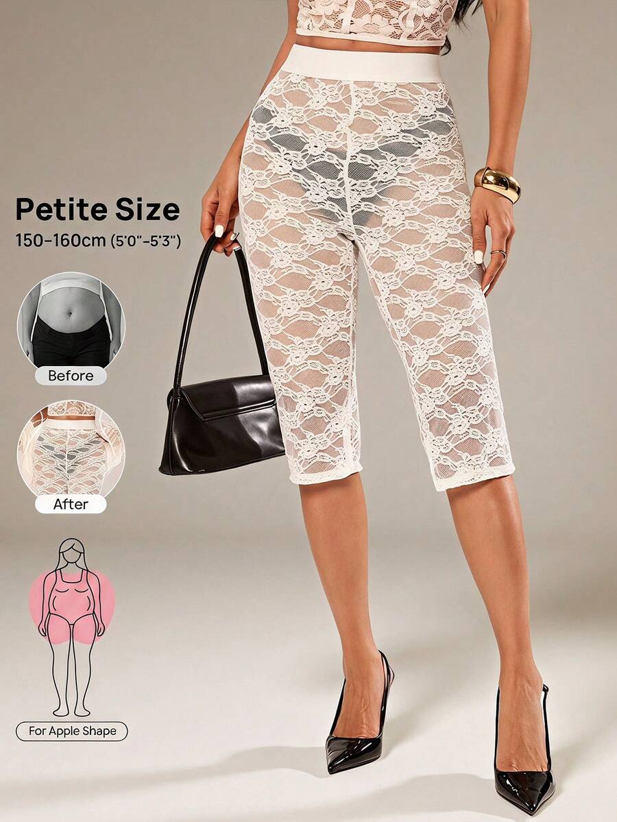 SHEIN PETITE 女款彈性腰蕾絲時尚性感七分褲